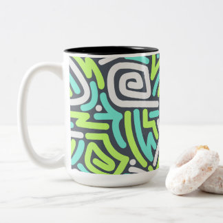 Tasse 2 Couleurs Motif de labyrinthe ondulé néon vert et cyan