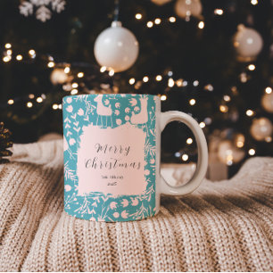Tasse 2 Couleurs Motif de Noël Floral Renne Nordique   Rose sur Fon