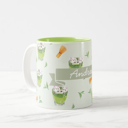 Tasse 2 Couleurs Motif de thé vert à la crème de chat (Devant gauche)