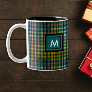 Tasse 2 Couleurs Motif écossais tartan vert élégant avec monogramme
