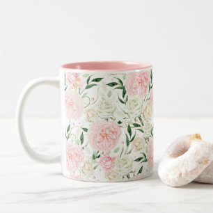 Tasse 2 Couleurs Motif floral aquarelle rose tendre et pivoine