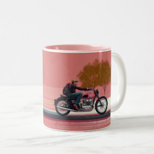 Tasse 2 Couleurs motocycliste chevauchant une moto de style rétro,