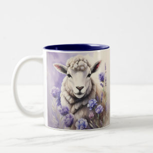 Tasse 2 Couleurs Mouton Laineux Et Fleurs De Lavande Aquarelle