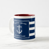 Tasse 2 Couleurs Nautical Navy Blue Welcome Aboard Nom du bateau An (Devant gauche)