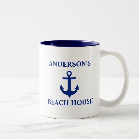 Tasse 2 Couleurs Nautique Nom de famille Beach House Ancre Bleu (Droit)
