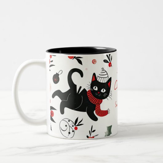 Tasse 2 Couleurs Noël de chat noir rétro (Gauche)