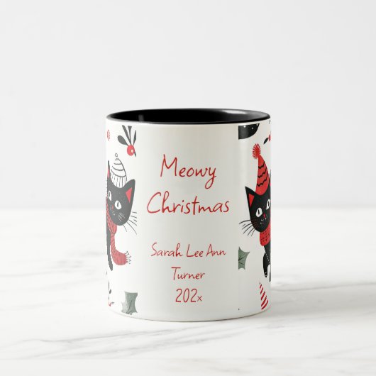 Tasse 2 Couleurs Noël de chat noir rétro (Centre)