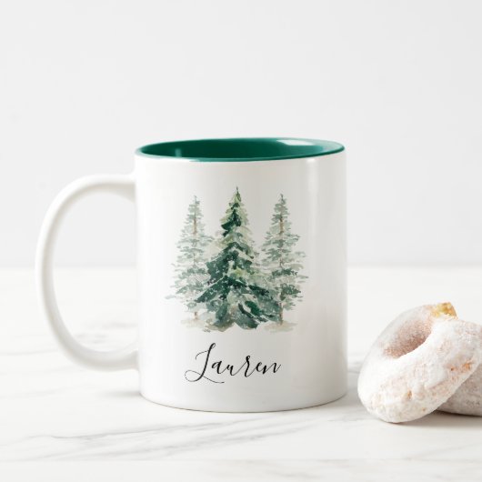 Tasse 2 Couleurs Noël des pins neigeux d'hiver (Avec donut)