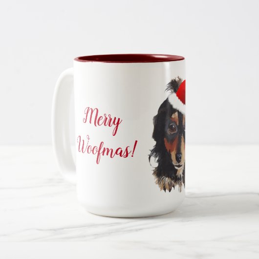 Tasse 2 Couleurs Noël noir Tan long haïr Doxie Santa Hat (Devant gauche)