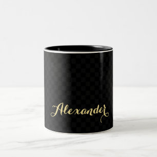 Tasse 2 Couleurs Noir moderne À damiers Chic Elegant Faux Gold Nom