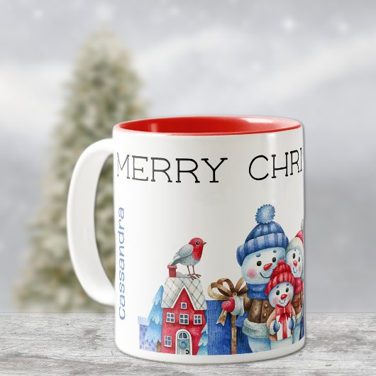 Tasse 2 Couleurs Nom, Cute Snowman Famille Joyeux Noël 11oz