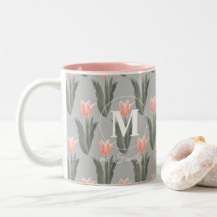 Tasse 2 Couleurs Nom De Famille Élégant Monogramme Peach Tulips P