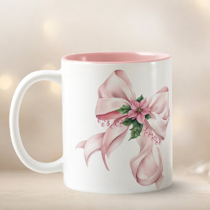 Tasse 2 Couleurs Nom de Noël poinsettia rose moderne avec ruban