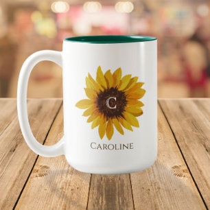 Tasse 2 Couleurs Nom du monogramme de tournesol d'aquarelle