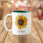 Tasse 2 Couleurs Nom du monogramme de tournesol d'aquarelle<br><div class="desc">Ce design présente une belle image de tournesol peint avec espace pour un monogramme au centre et un nom/texte en dessous. Cliquez sur le bouton personnaliser pour plus de flexibilité avec déplacement/mise à l'échelle des images et modification du texte ! Des variantes de ce design, des couleurs supplémentaires, ainsi que...</div>
