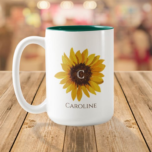Tasse 2 Couleurs Nom du monogramme de tournesol d'aquarelle