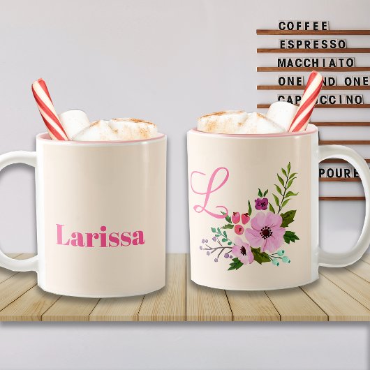 Tasse 2 Couleurs Nom floral rose personnalisé et monogramme