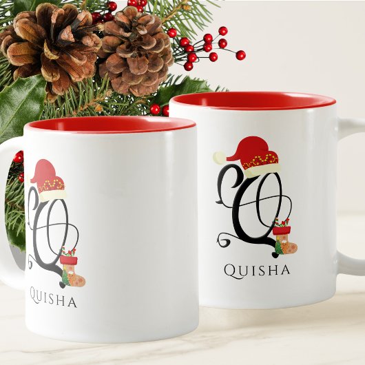 Tasse 2 Couleurs Nom Lettre Q Monogramme Écriture Moderne Noël