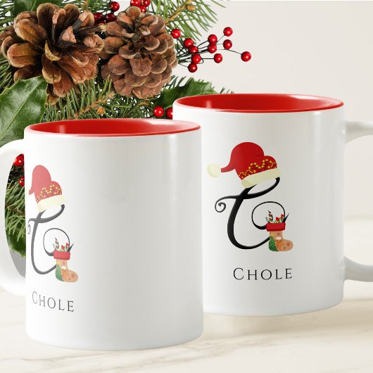 Tasse 2 Couleurs Nom Monogramme Écriture Moderne Lettre C Noël