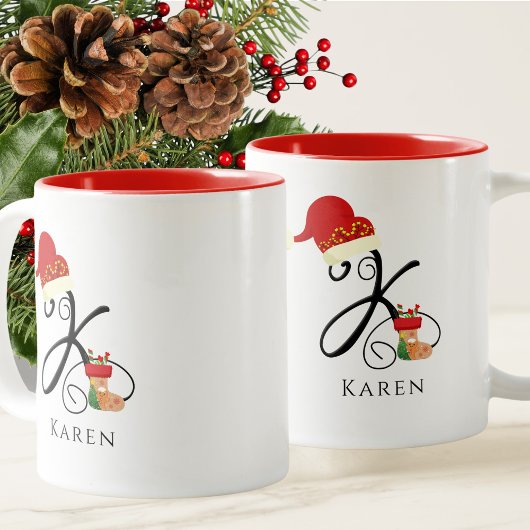 Tasse 2 Couleurs Nom Monogramme Écriture Moderne Lettre K Noël