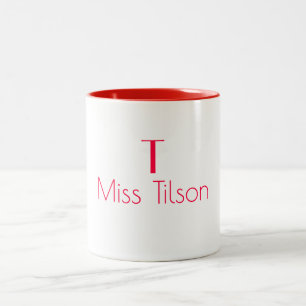 Tasse 2 Couleurs Nom Monogramme Minimaliste Rouge Moderne Enseignan