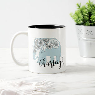 Tasse 2 Couleurs Nom personnalisé élégant éléphant paisley bleu