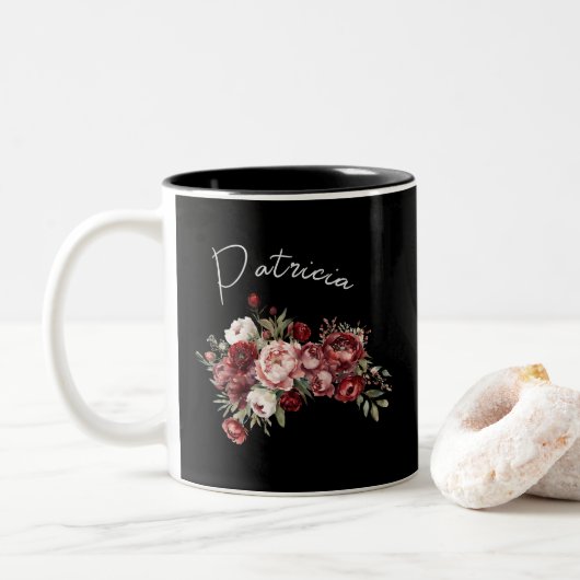 Tasse 2 Couleurs Nom Personnalisé Fleurs Chic Bourgogne (Avec donut)