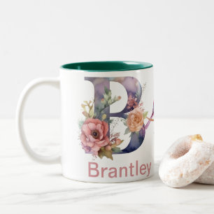 Tasse 2 Couleurs Nom personnalisé Lettre B Monogramme Oiseau floral