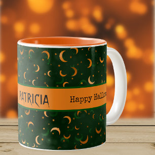 Tasse 2 Couleurs Nom sur Bokeh Lunes et Étoiles Halloween 11oz