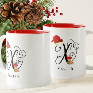 Tasse 2 Couleurs Nom X initial Élégant Script moderne Noël
