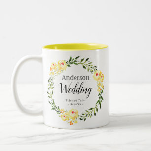Tasse 2 Couleurs Noms & Date Fleurs aquarelle jaune Mariage
