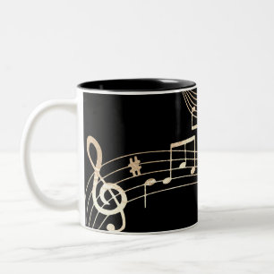 Tasse 2 Couleurs Notes de musique dorées sur fond noir moyen