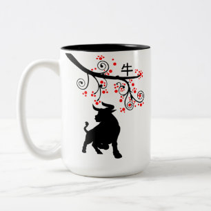 Tasse 2 Couleurs Nouvel an chinois 2021 : Ox et fleurs rouges
