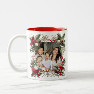 Tasse 2 Couleurs NOUVELLE ANNÉE Cadre avec pin doré Photo Famille 2