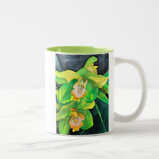 Tasse 2 Couleurs Orchidée fleurs vert et jaune art (Droit)