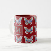 Tasse 2 Couleurs Ornate Butterflies Burgundy Pattern Monogram (Devant gauche)