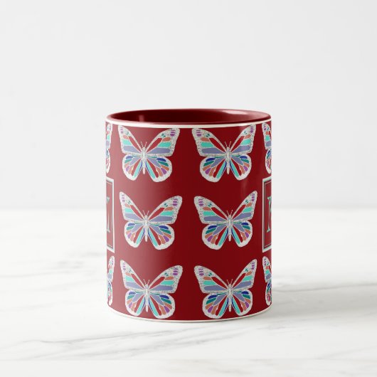 Tasse 2 Couleurs Ornate Butterflies Burgundy Pattern Monogram (Centre)
