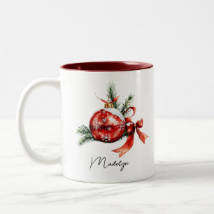 Tasse 2 Couleurs Ornement de Noël à l'aquarelle avec écriture simpl