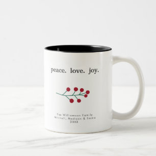 Tasse 2 Couleurs Paix Amour Joie Baies de Houx Fêtes de Noël Rouge