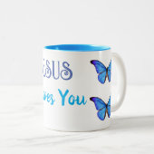 Tasse 2 Couleurs Papillons bleus Jésus vous aime (Devant droit)