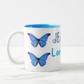 Tasse 2 Couleurs Papillons bleus Jésus vous aime (Gauche)