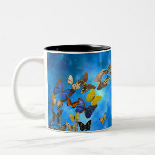 Tasse 2 Couleurs Papillons Colorés Volant au-dessus de Nuages Bleus