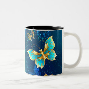 Tasse 2 Couleurs Papillons d'or sur un Arrière - plan bleu
