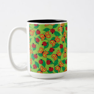Tasse 2 Couleurs Papillons et coccinelles sur des feuilles vertes