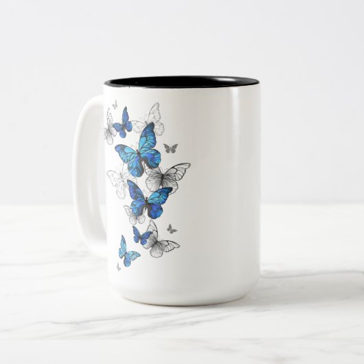 Tasse 2 Couleurs Papillons volants bleus Morpho (Devant gauche)