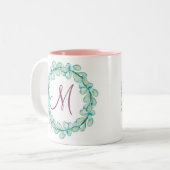 Tasse 2 Couleurs Pastel Aquarelle Eucalyptus Wreath Monogramme (Devant gauche)