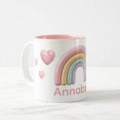 Tasse 2 Couleurs Pastel Rainbow and Hearts with Pink Custom Name (Devant gauche)