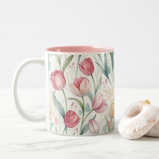 Tasse 2 Couleurs Pattern Watercolor Modern Tulips (Avec donut)