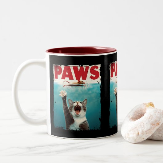 Tasse 2 Couleurs PAWS Parodie Souris Chat Humoristique Chat Chasse (Avec donut)