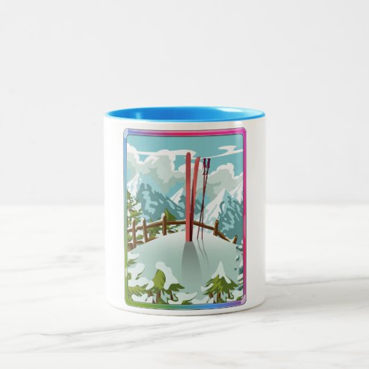 Tasse 2 Couleurs Paysage de ski dessin animé (Centre)